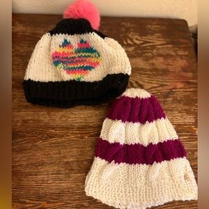 2 Girls Winter Hats Beanies Knit Pink Pom Pom White Black Red